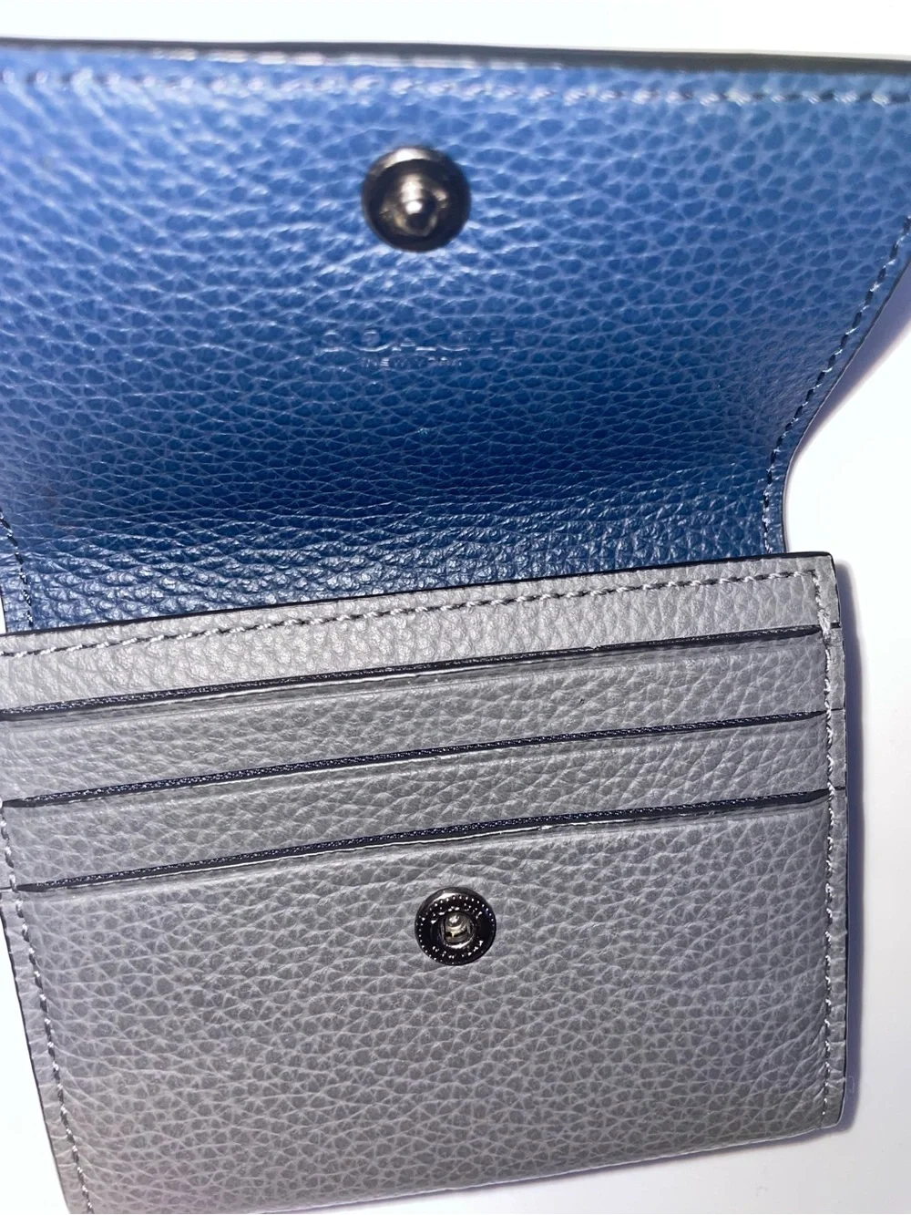 Coach Colorblock Refined Pebbled Leather Business Card Case / Wallet – Grey Blue